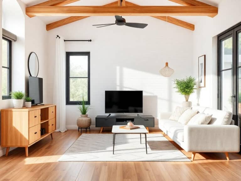 Woonkamer met oranje bank, groene fauteuil en vintage koffertafel in kleurrijk interieur