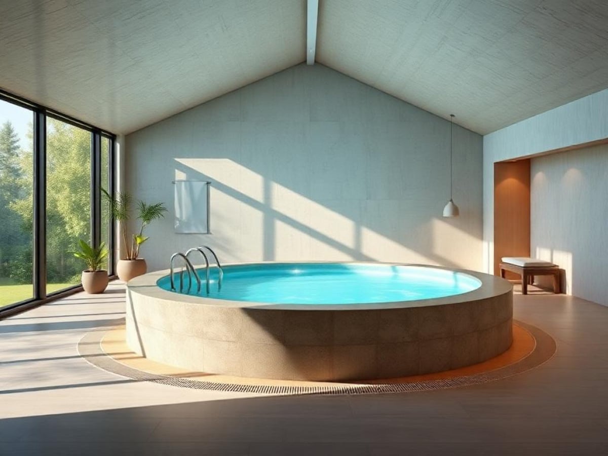 Luxe binnenzwembad met ligstoelen en sfeervolle bar, perfect voor ontspanning en wellness aan huis.