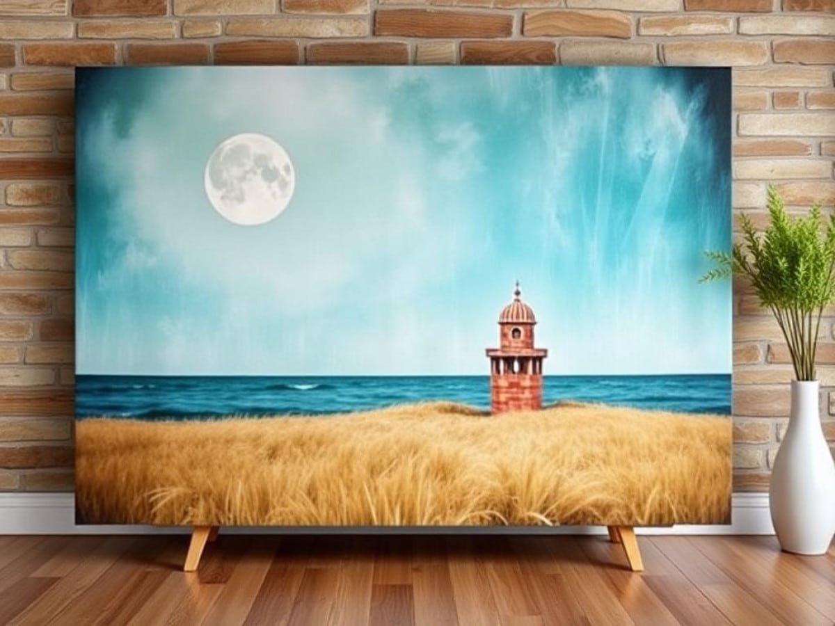 Canvasdoek met foto van babyvoetjes in handen, omringd door materialen voor montage – symbool voor persoonlijke wanddecoratie