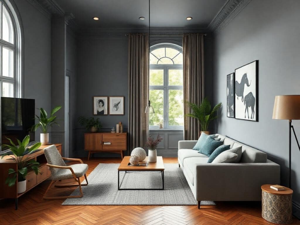 Woonkamer met groene wand, organische meubels en zachte texturen in aardse tinten