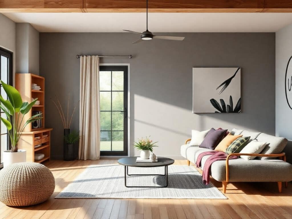 Vrouw opent lichte gordijnen in een zonnige woonkamer voor natuurlijk daglicht