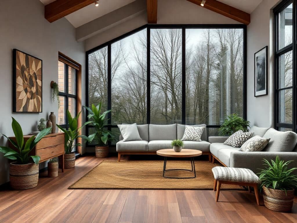 Minimalistisch interieur met visgraatvloer en zachte daglichtinval