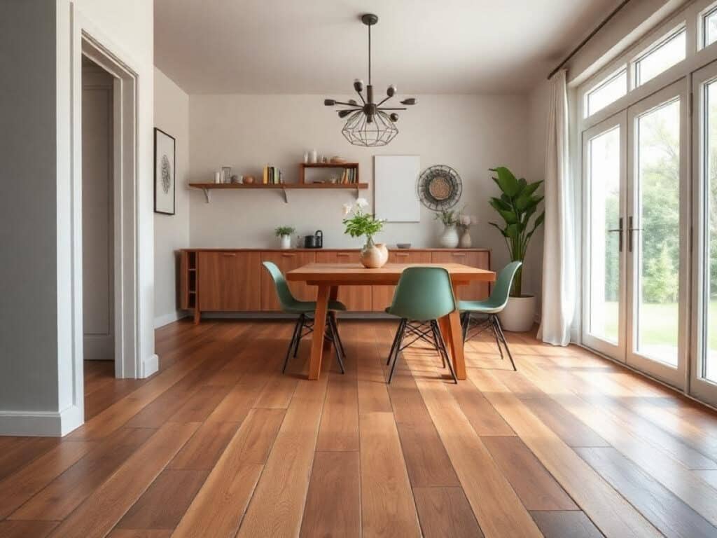 Luxe woonkamer met visgraat houten vloer, blauwe bank en hoge ram