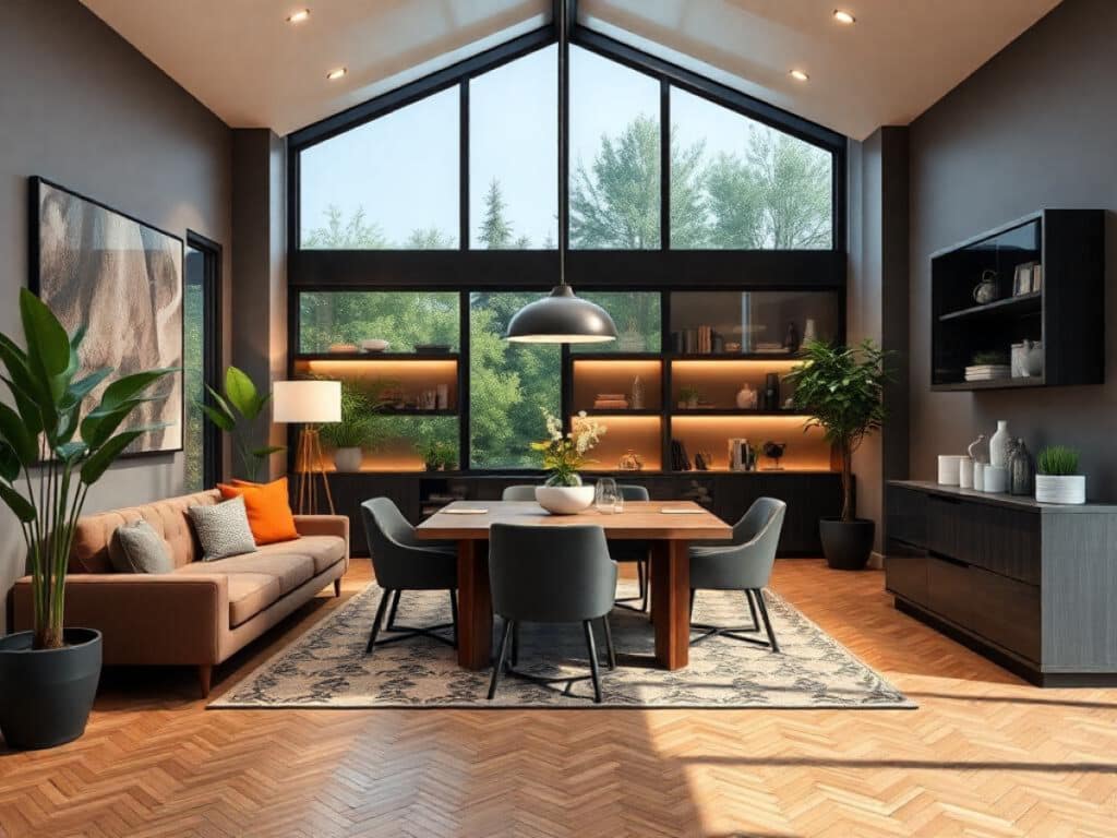Zithoek met warme cognackleurige hoekbank, vloerkleed en sfeervolle accessoires in een moderne woonkamer