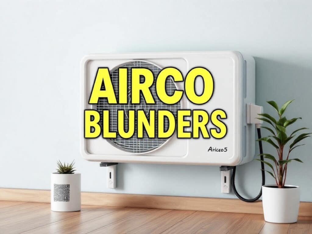 Man kijkt gefrustreerd naar energierekening onder airco in zijn woonkamer