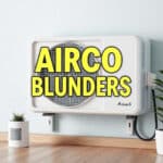 Man kijkt gefrustreerd naar energierekening onder airco in zijn woonkamer