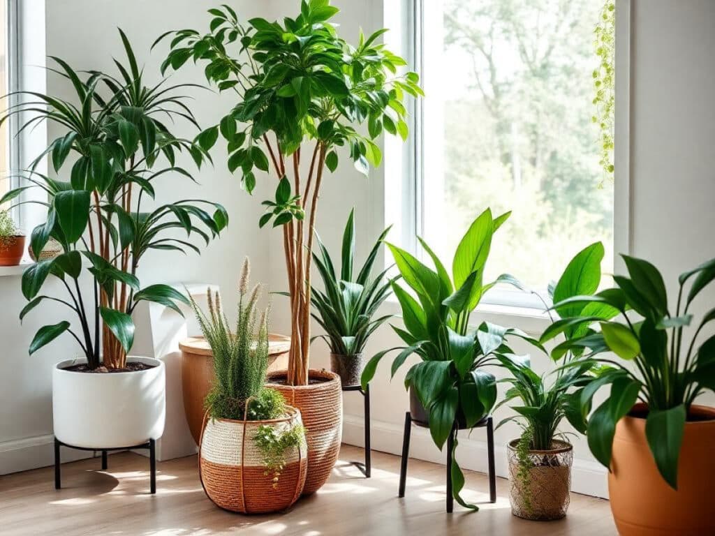 Stijlvol interieur met kunstplant naast moderne bank in lichte woonkamer